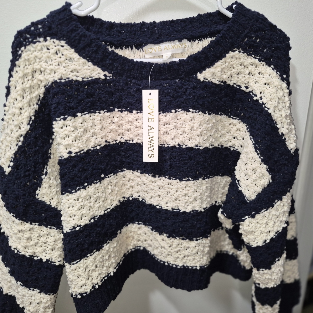 Always Navy & Cream Striped Crochet Crew Sweater